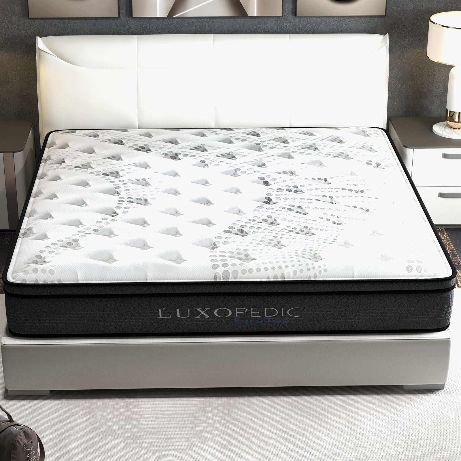 Luxopedic Pocket Spring Mattress 5 Zone 32CM Euro Top Memory Foam Medium Firm - Double - White Grey - Furniture >