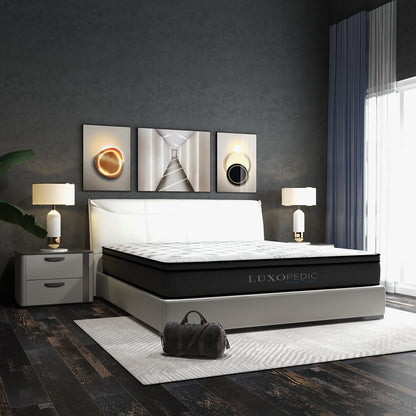 Luxopedic Pocket Spring Mattress 5 Zone 32CM Euro Top Memory Foam Medium Firm - Double - White Grey - Furniture >