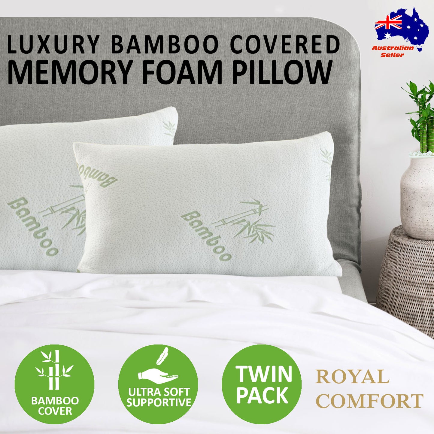 Royal Comfort Luxury Bamboo Covered Memory Foam Pillow Twin Pack Hypoallergenic Home & Garden > Bedding > Pillows