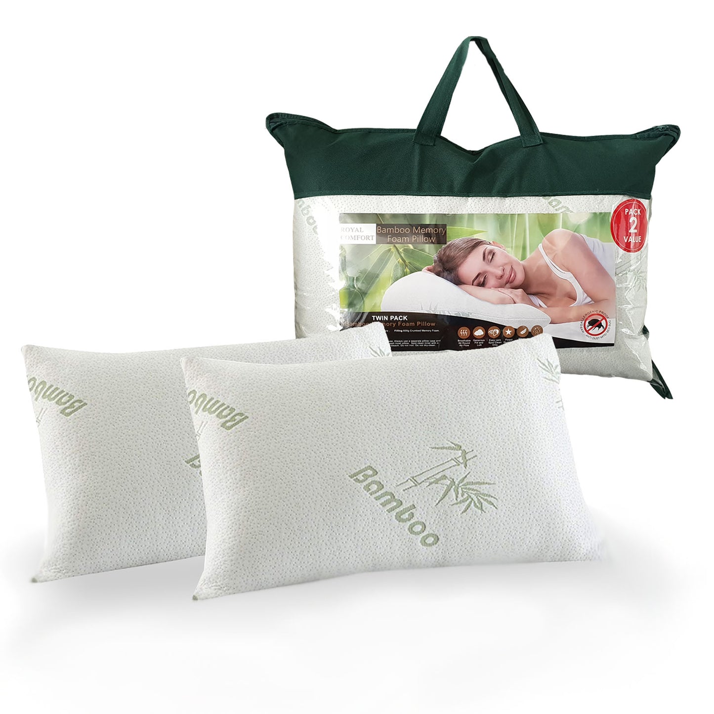 Royal Comfort Luxury Bamboo Covered Memory Foam Pillow Twin Pack Hypoallergenic Home & Garden > Bedding > Pillows