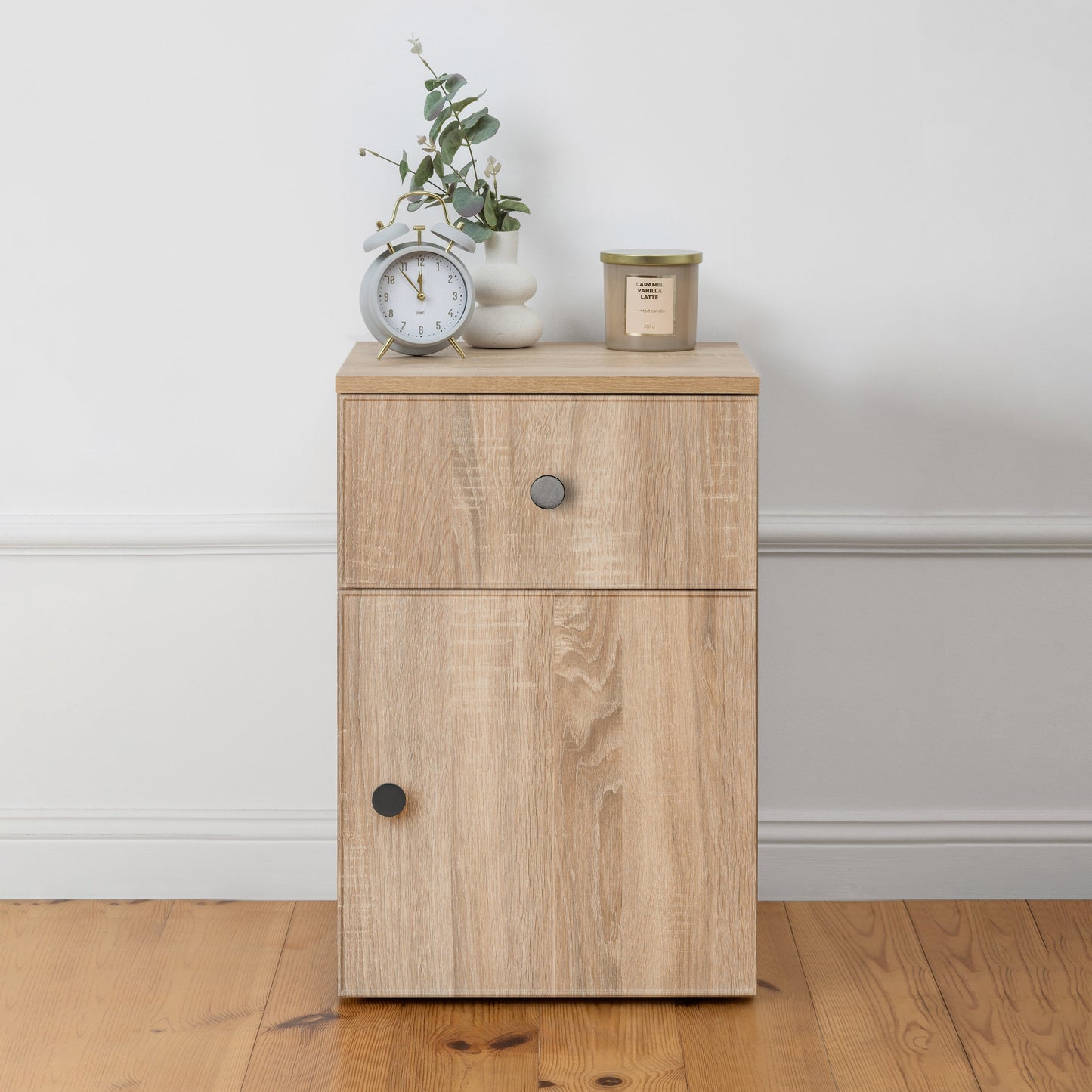 PORTO BEDSIDE TABLE - NATURAL OAK - SLIM - ROUND BLACK