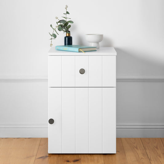 PORTO BEDSIDE TABLE - WHITE - VJ PANEL - ROUND BLACK