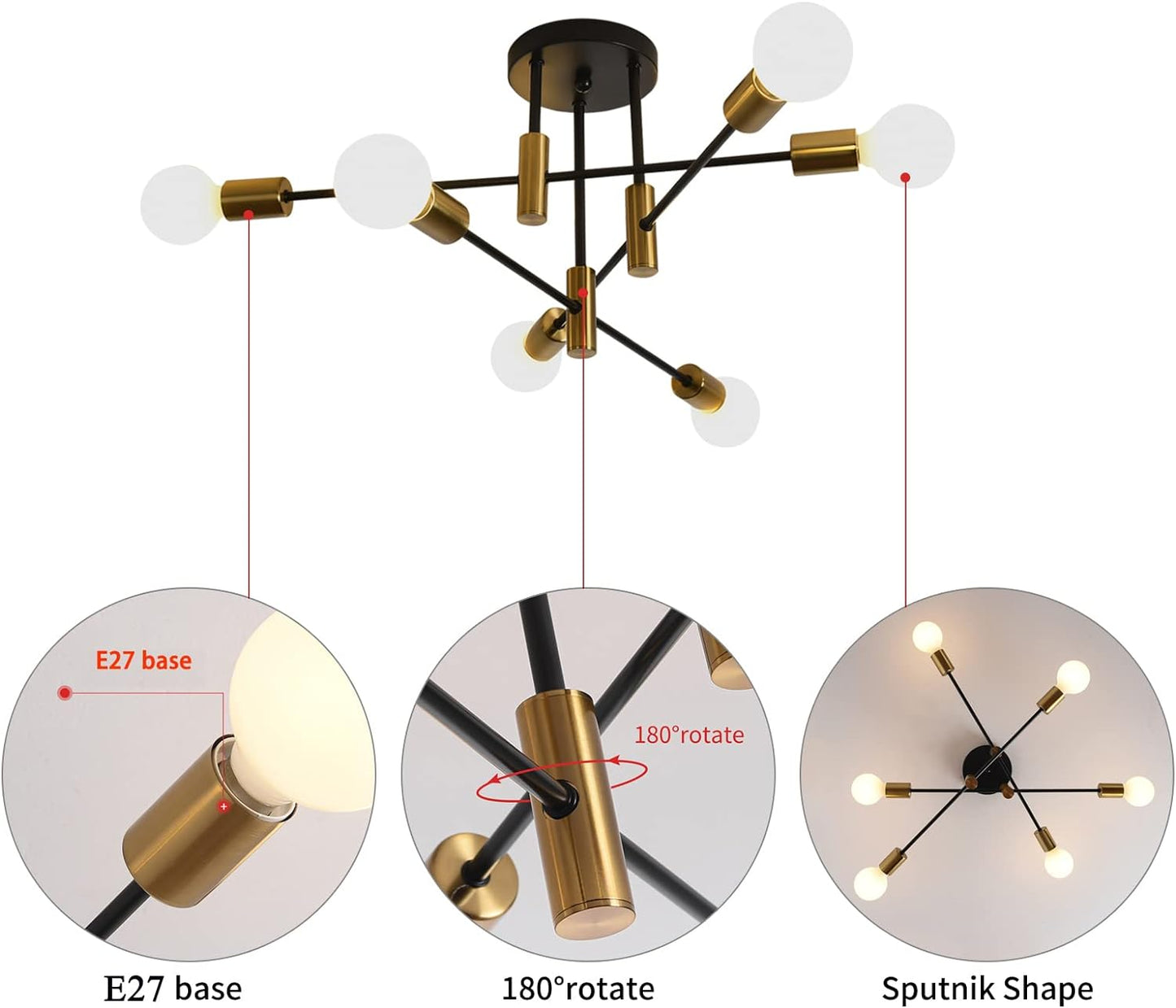 Mid Century Chandelier Modern 6-Light Black & Gold - Home & Garden > Lighting > Night Lights & Ambient Lighting