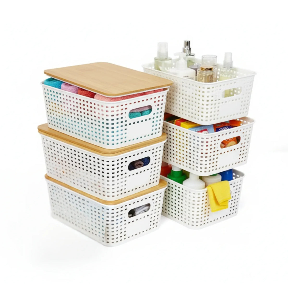CARLA HOME Storage Bins with Bamboo Lids - 6 Pack - White - Plastic - Storage Bins 6 Pcs
