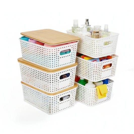 CARLA HOME Storage Bins with Bamboo Lids - 6 Pack - White - Plastic - Storage Bins 6 Pcs