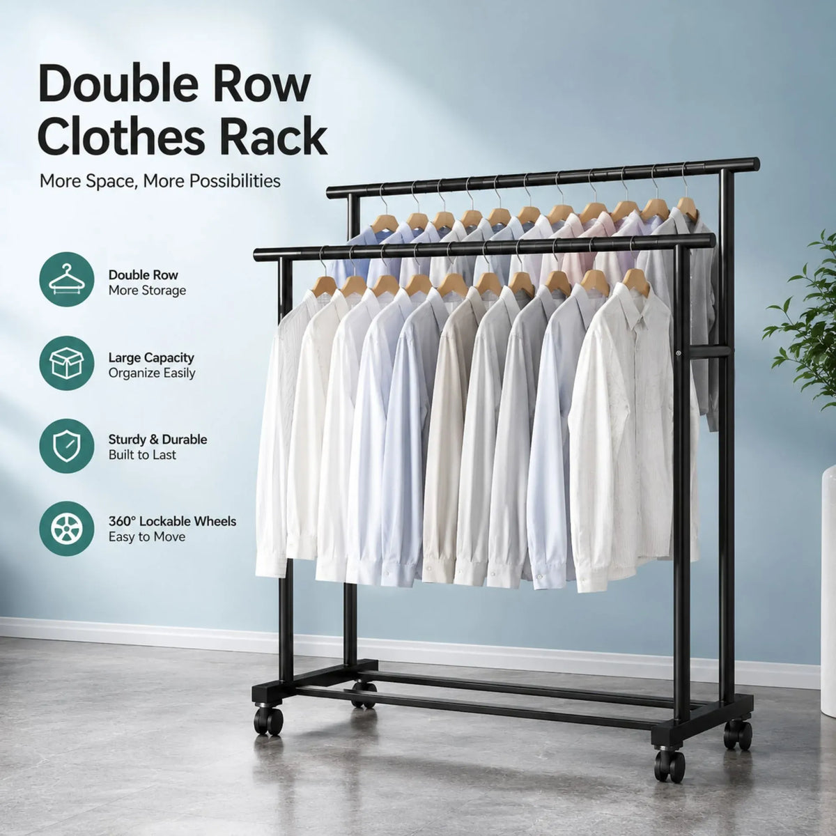 CARLA HOME Double Rod Clothes Rack with Wheels, Metal, Portable Wardrobe Rack