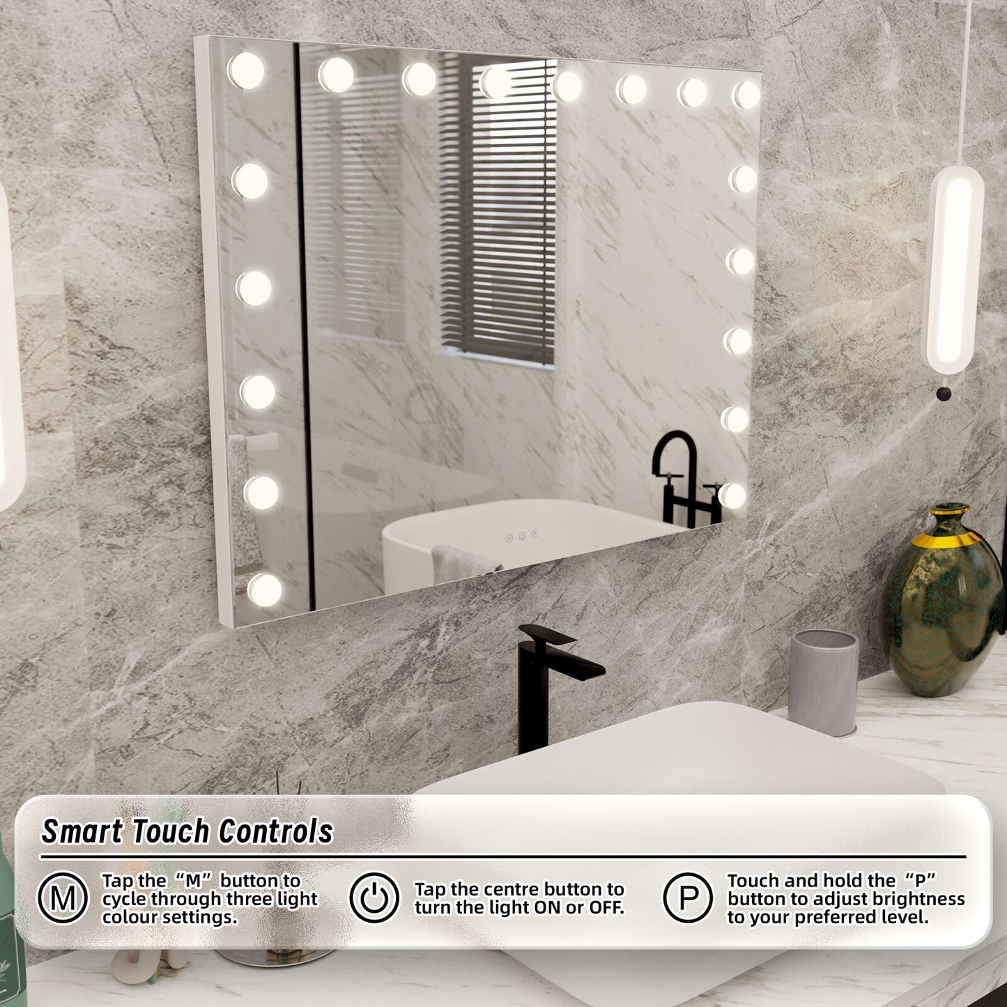 LED Beauty Mirror with 18 Bulbs, Colour Settings, USB A and USB C, White, 80 x 62cm