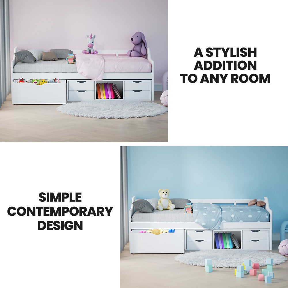 Kingston Slumber Wooden Single Sofa Bed Frame with Storage Drawers - White - Furniture > Bedroom > Beds & Bed Frames