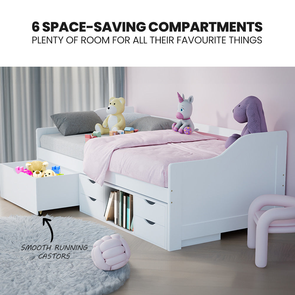 Kingston Slumber Wooden Single Sofa Bed Frame with Storage Drawers - White - Furniture > Bedroom > Beds & Bed Frames