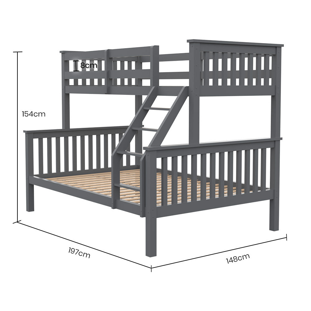 Kingston Slumber Bunk Bed Triple Wooden Single Over Double Beds for Kids Solid Pine Wood Convertible Design Grey