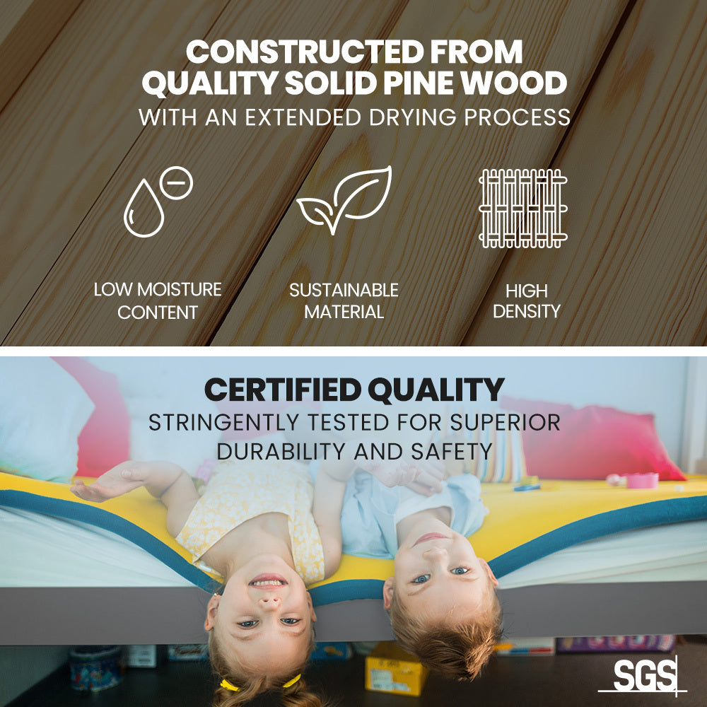 Kingston Slumber Bunk Bed Triple Wooden Single Over Double Beds for Kids Solid Pine Wood Convertible Design Grey