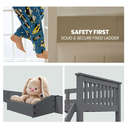 Kingston Slumber Bunk Bed Triple Wooden Single Over Double Beds for Kids Solid Pine Wood Convertible Design Grey