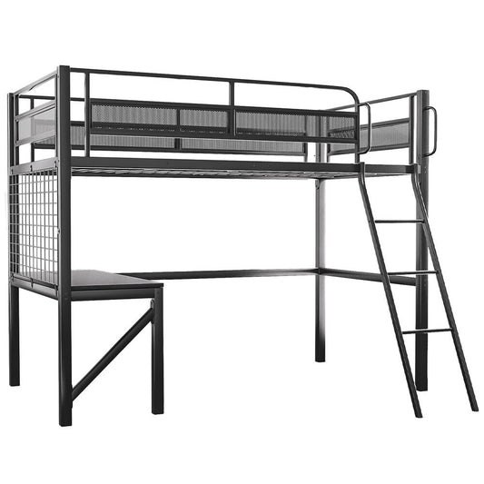 Gaming Loft Bed with Desk Gridwall Steel Metal Frame Space Saving Design for Single Mattress Matte Dark Grey
