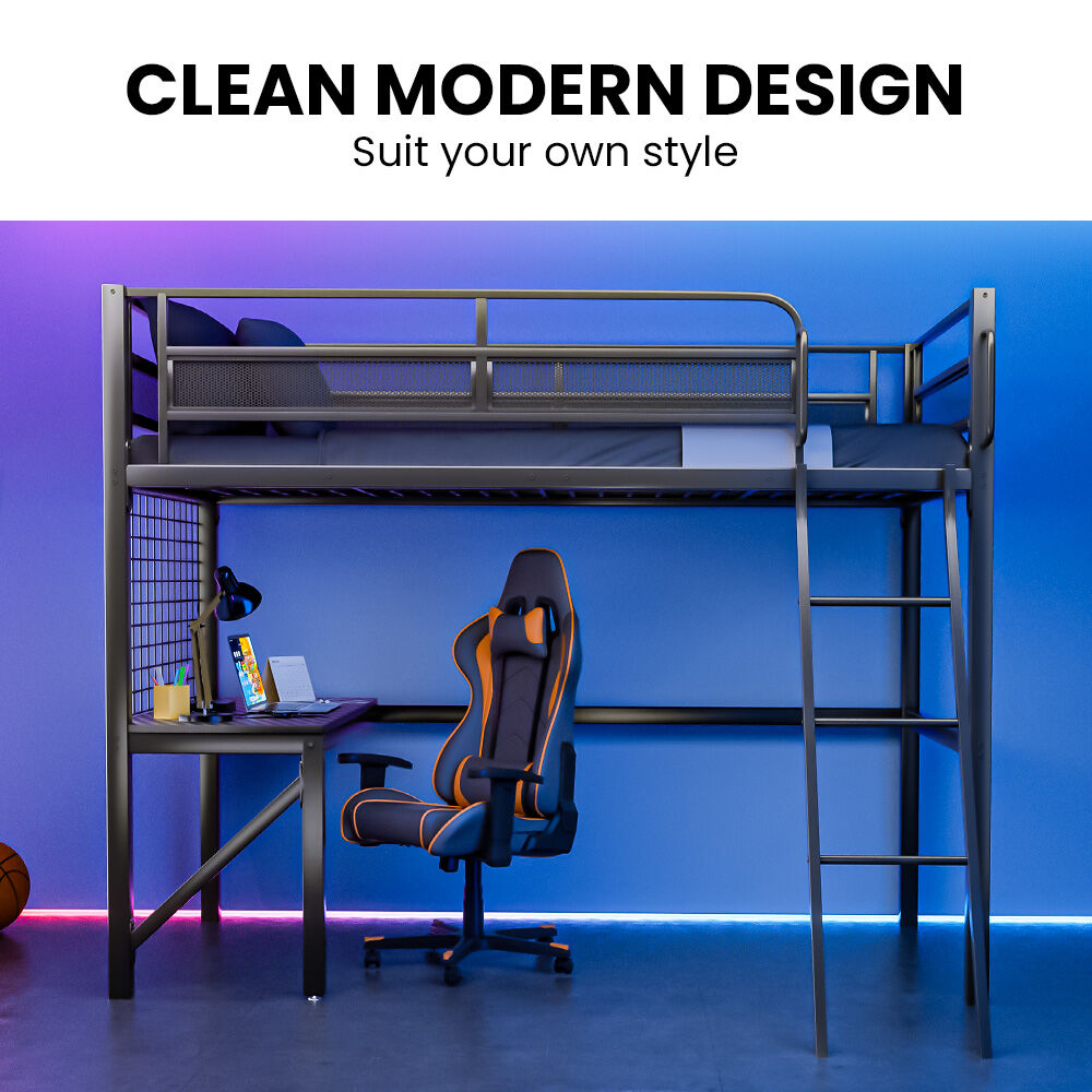 Gaming Loft Bed with Desk Gridwall Steel Metal Frame Space Saving Design for Single Mattress Matte Dark Grey Furniture