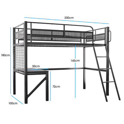 Gaming Loft Bed with Desk Gridwall Steel Metal Frame Space Saving Design for Single Mattress Matte Dark Grey Furniture