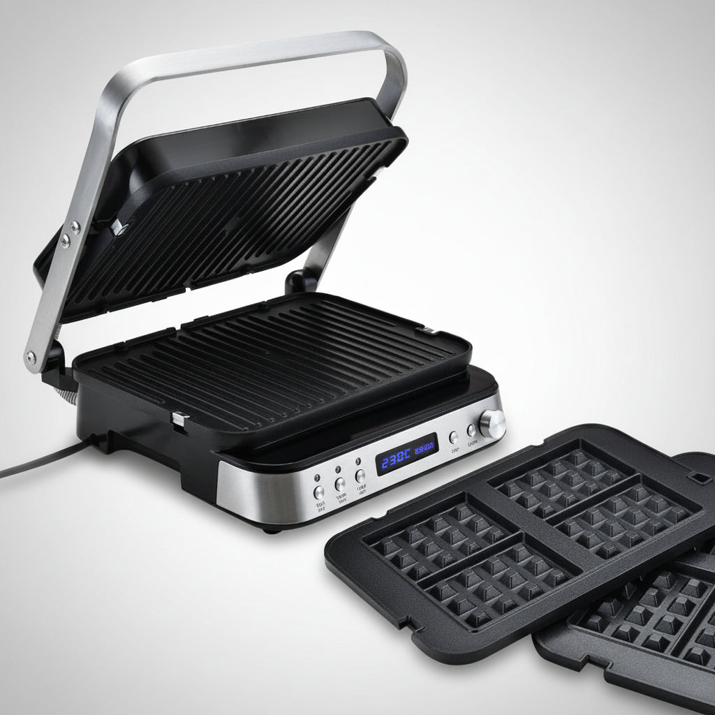 Multifunctional grill with separate waffle iron on a white background