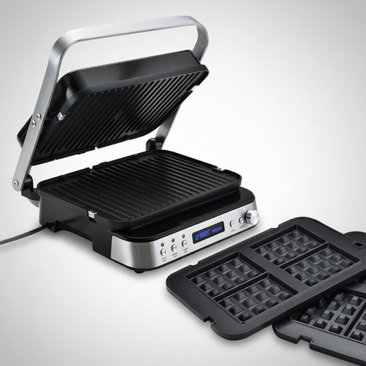 Multifunctional grill with separate waffle iron on a white background