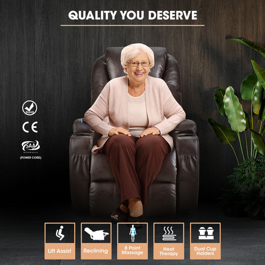 FORTIA Electric Massage Lift Recliner Chair Faux Leather 8 Point Massage Heating Dark Crimson Furniture > Bar Stools &