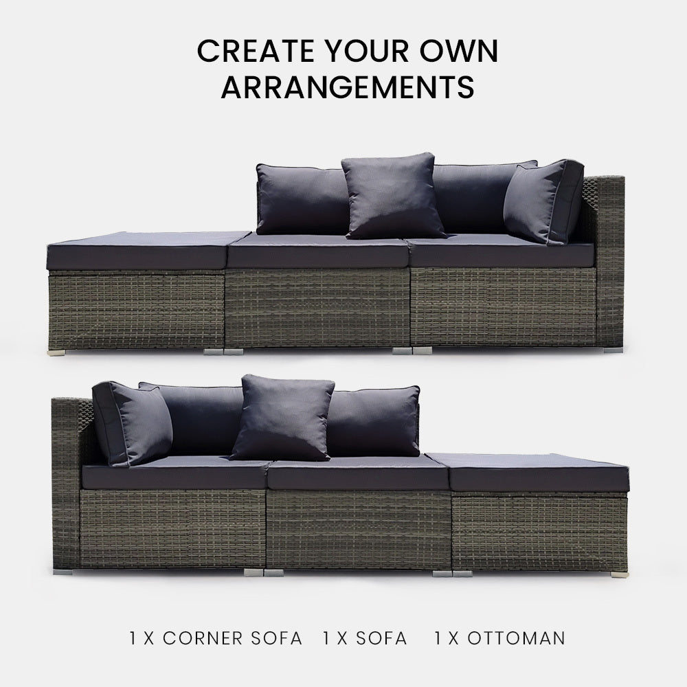 LONDON RATTAN 3 Seater Modular Outdoor Lounge Setting incl. Ottoman Grey - Furniture > Outdoor > Outdoor Sofas & Lounge