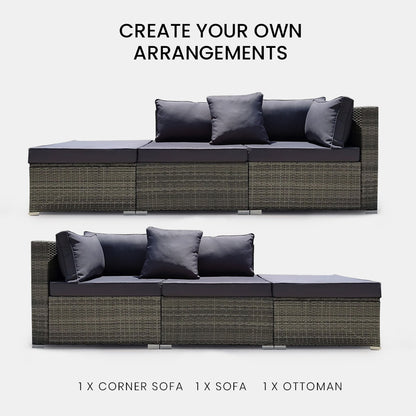 LONDON RATTAN 3 Seater Modular Outdoor Lounge Setting incl. Ottoman Grey - Furniture > Outdoor > Outdoor Sofas & Lounge
