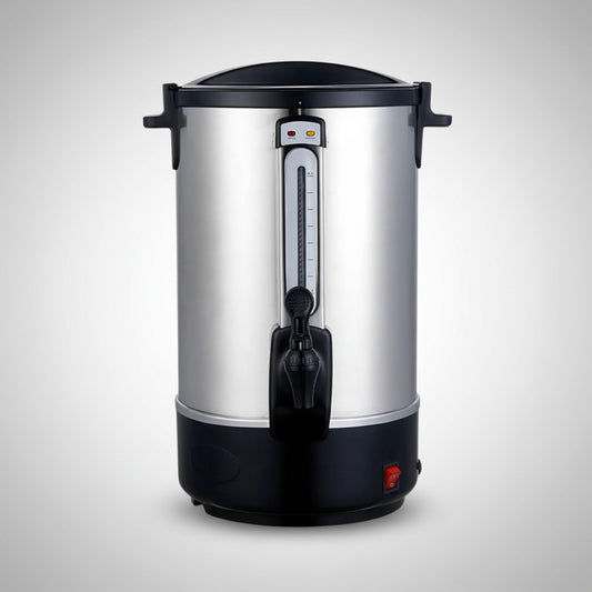 Stainless steel coffee urn on a white background