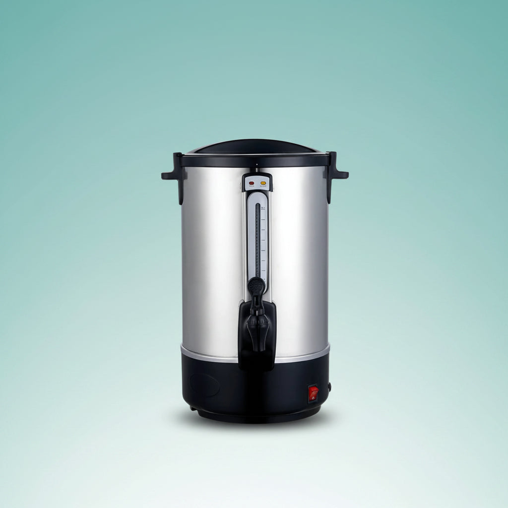 Stainless steel coffee urn on a white background