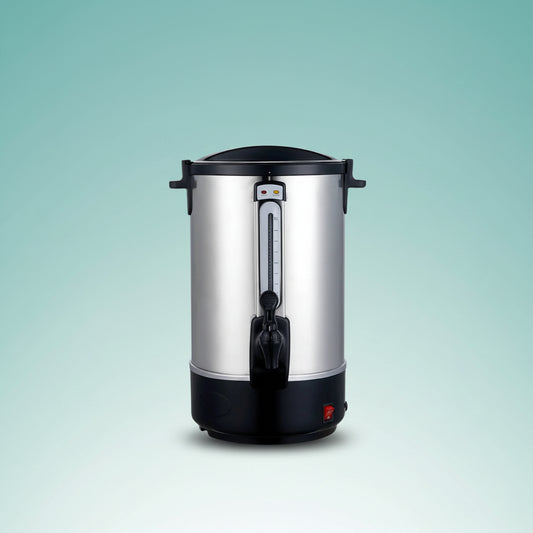 Stainless steel coffee urn on a white background
