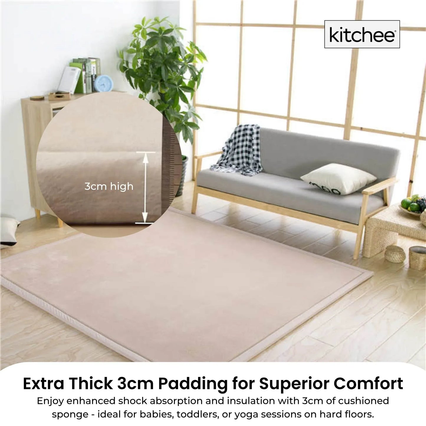 Kitchee Foam Floor Mat 200x200cm - Padded Thick Deep Soft Tatami Style Rug Cream