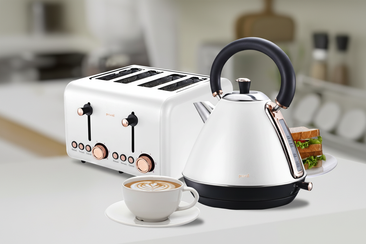 Pronti Rose Trim Collection Toaster & Kettle Bundle - White