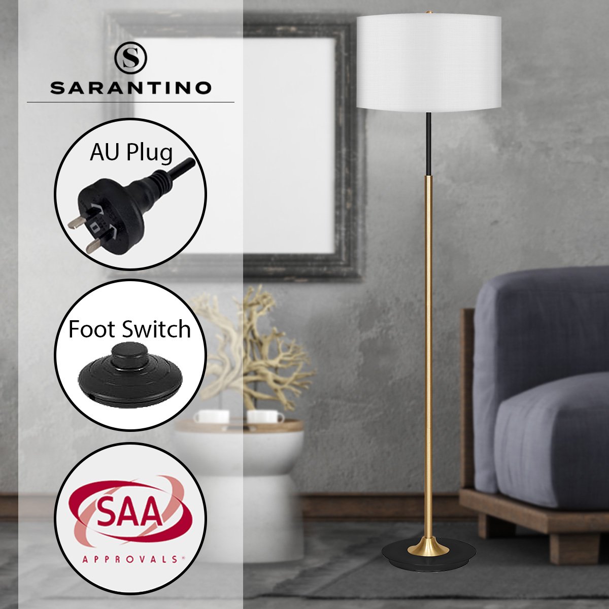 Sarantino Metal Floor Lamp Brushed Brass Finish with White Shade - Home & Garden > Lighting > Night Lights & Ambient