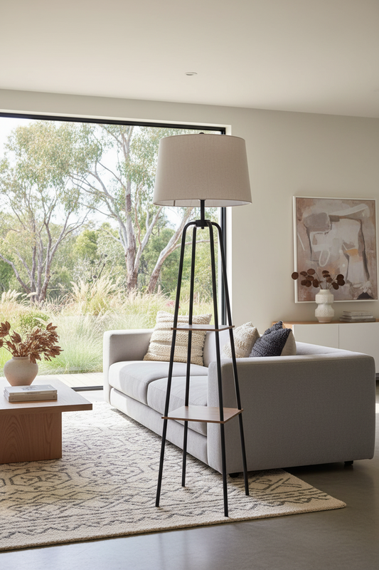 Metal Etagere Floor Lamp Shade Metal Shelf in Wood Finish