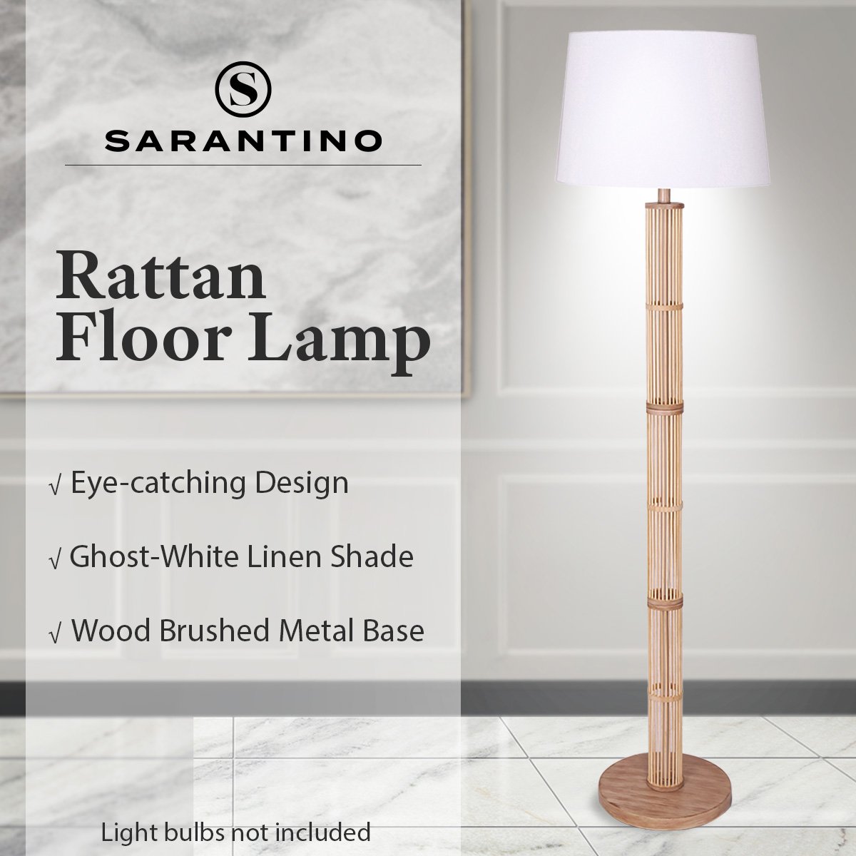 Sarantino Rattan Floor Lamp With Ghost-White Linen Shade - Furniture > Living Room > Ottomans & Footstools