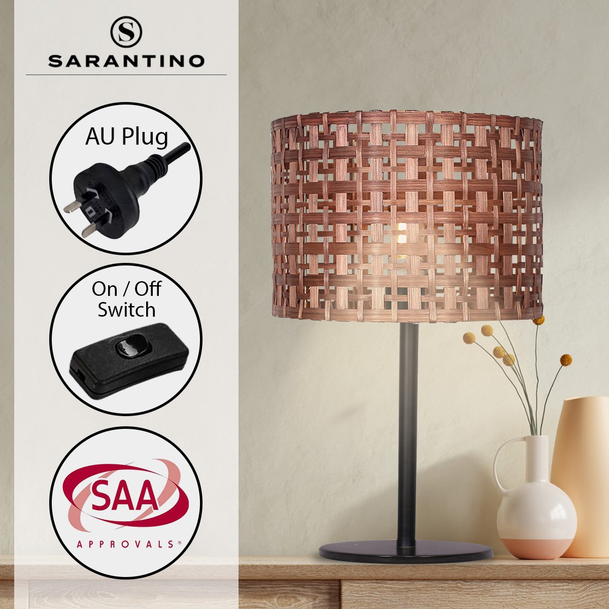 Sarantino Rattan Desk Lamp With Black Marble Base - Home & Garden > Lighting > Table Lamps