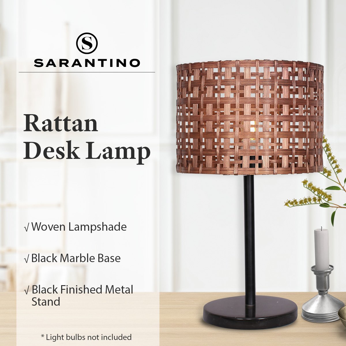 Sarantino Rattan Desk Lamp With Black Marble Base - Home & Garden > Lighting > Table Lamps