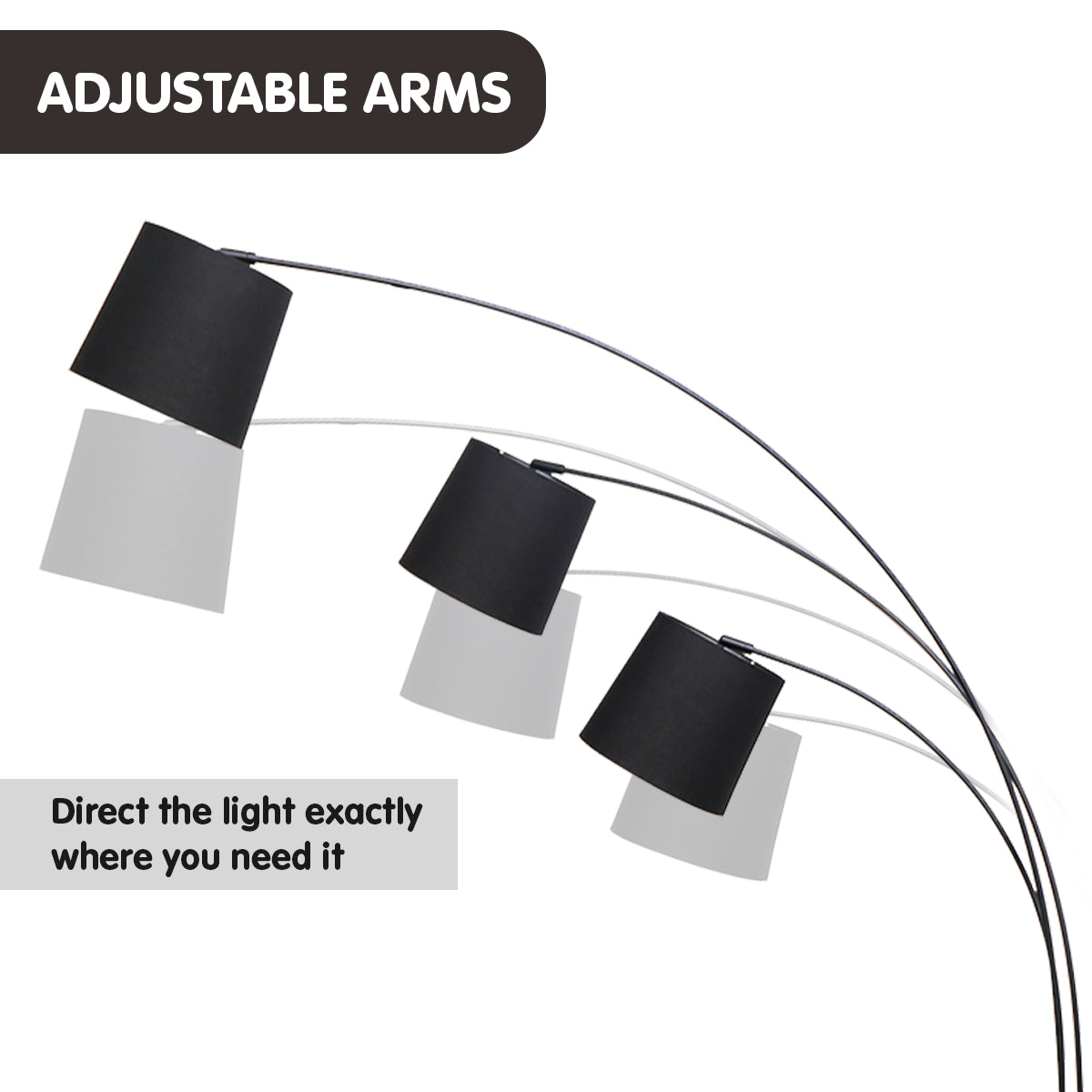 Sarantino 3 Light Arc Floor Lamp Adjustable Black 3 Shades Home & Garden > Lighting > Night Lights & Ambient Lighting