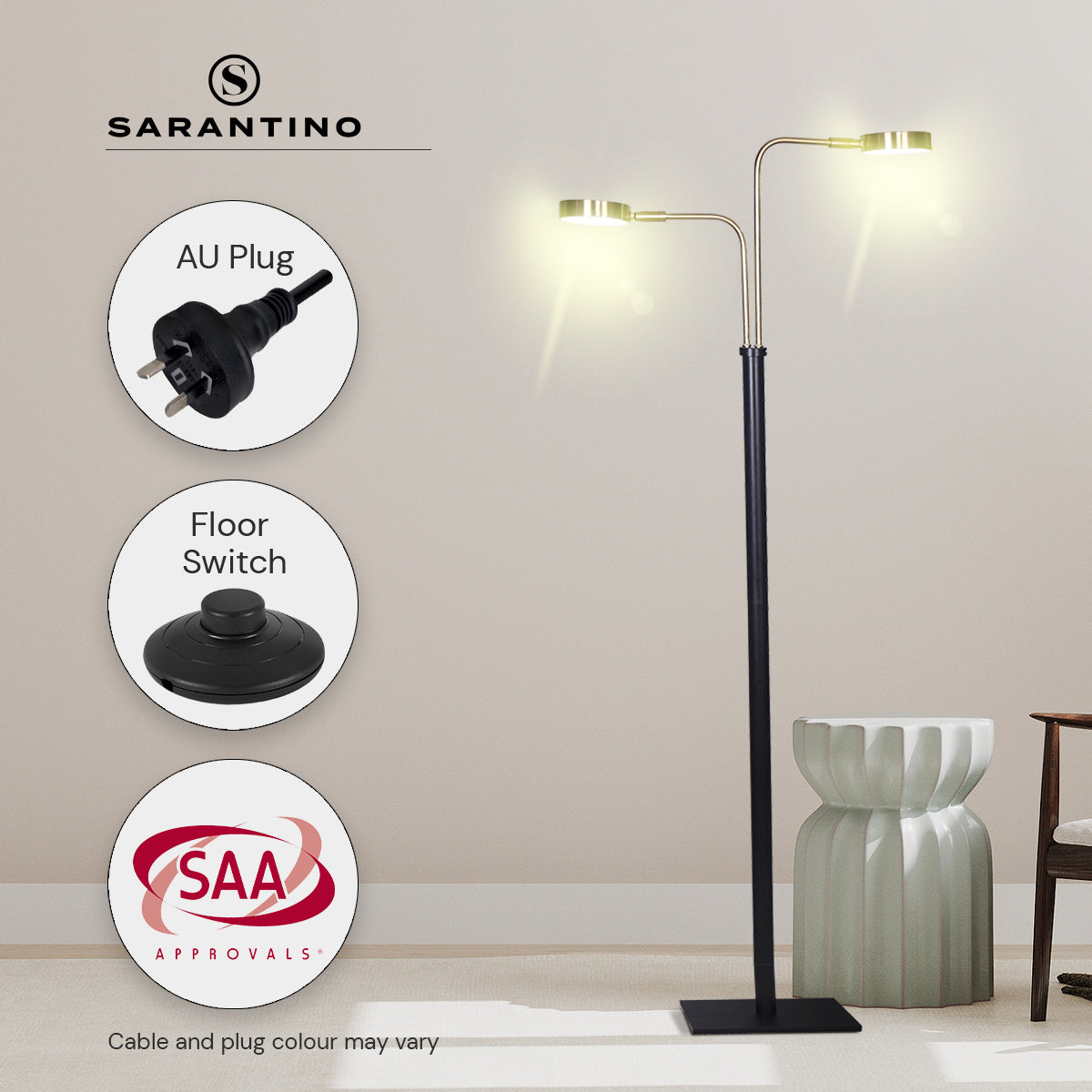 LED Metal Floor Lamp with 2 Lights in Brushed Gold and Black Finish