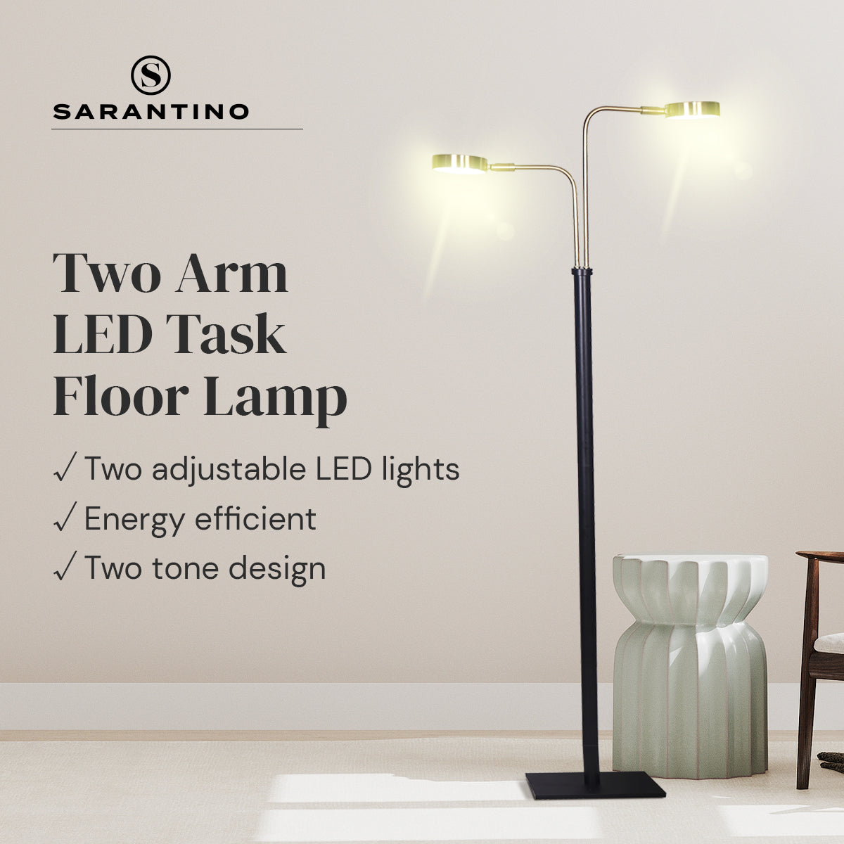 LED Metal Floor Lamp with 2 Lights in Brushed Gold and Black Finish