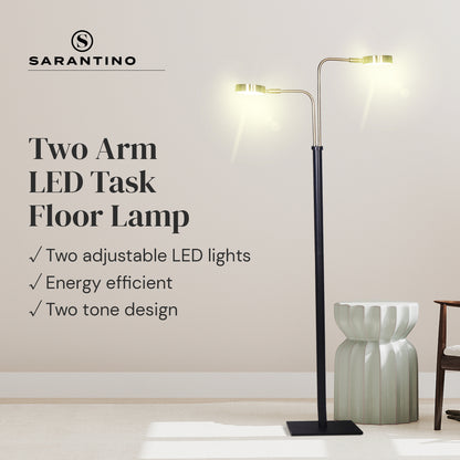 LED Metal Floor Lamp with 2 Lights in Brushed Gold and Black Finish