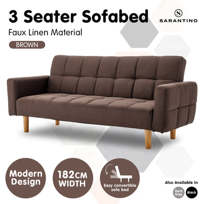 Sarantino 3-Seater Fabric Sofa Bed Futon - Brown - Furniture > Sofas > Sofas & Sofa Beds