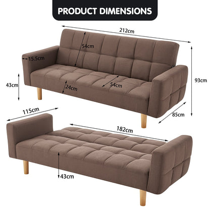 Sarantino 3-Seater Fabric Sofa Bed Futon - Brown - Furniture > Sofas > Sofas & Sofa Beds