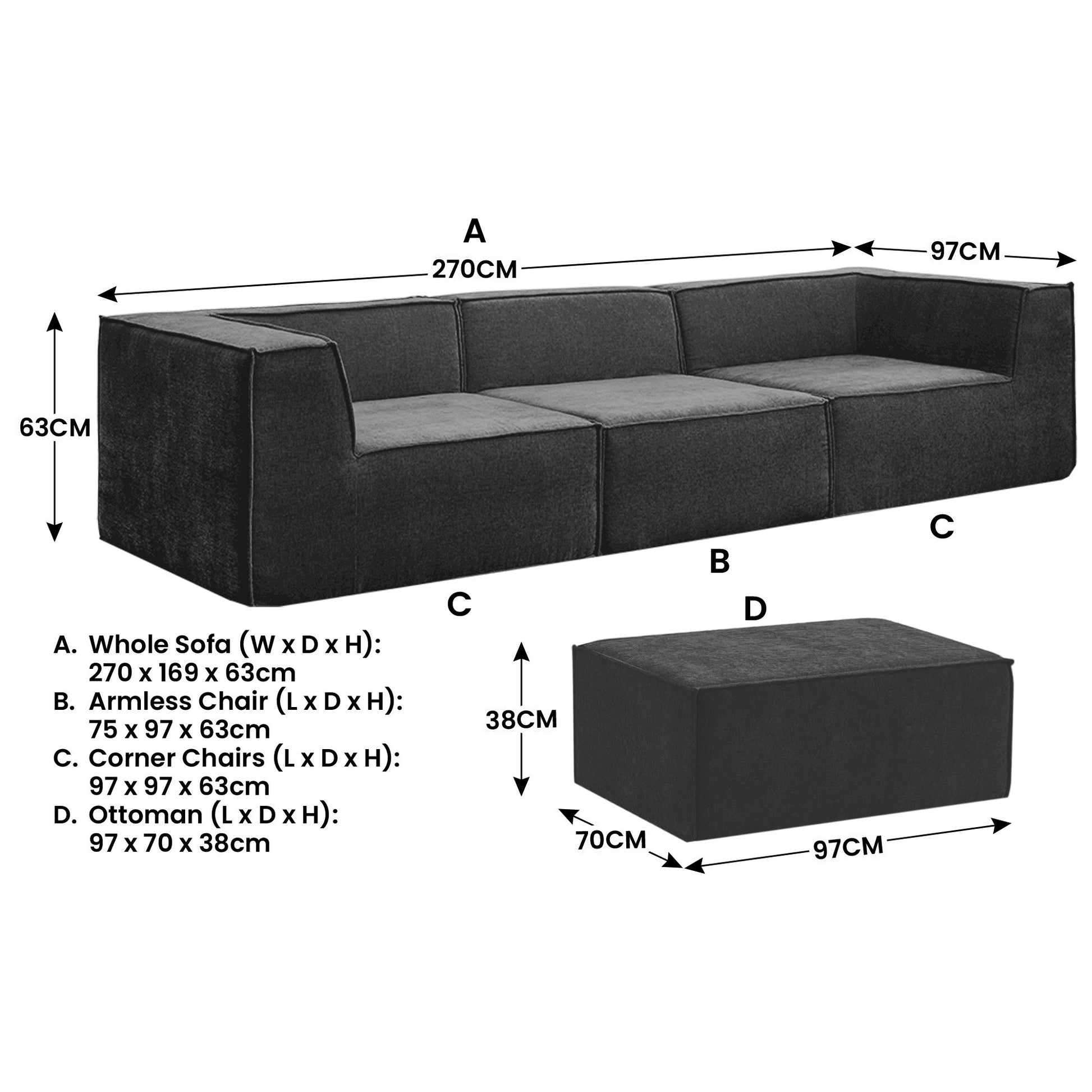 Sarantino Novi 3-Seater Modular Sofa with Ottoman in Black Non-Slip Bottom Lounge - Furniture > Sofas > Sofas & Sofa