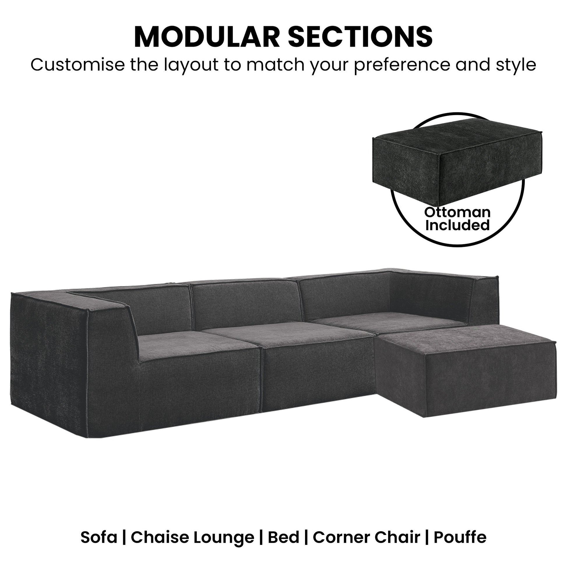 Sarantino Novi 3-Seater Modular Sofa with Ottoman in Black Non-Slip Bottom Lounge - Furniture > Sofas > Sofas & Sofa