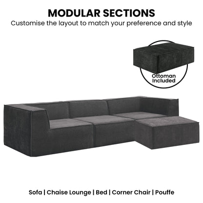 Sarantino Novi 3-Seater Modular Sofa with Ottoman in Black Non-Slip Bottom Lounge - Furniture > Sofas > Sofas & Sofa