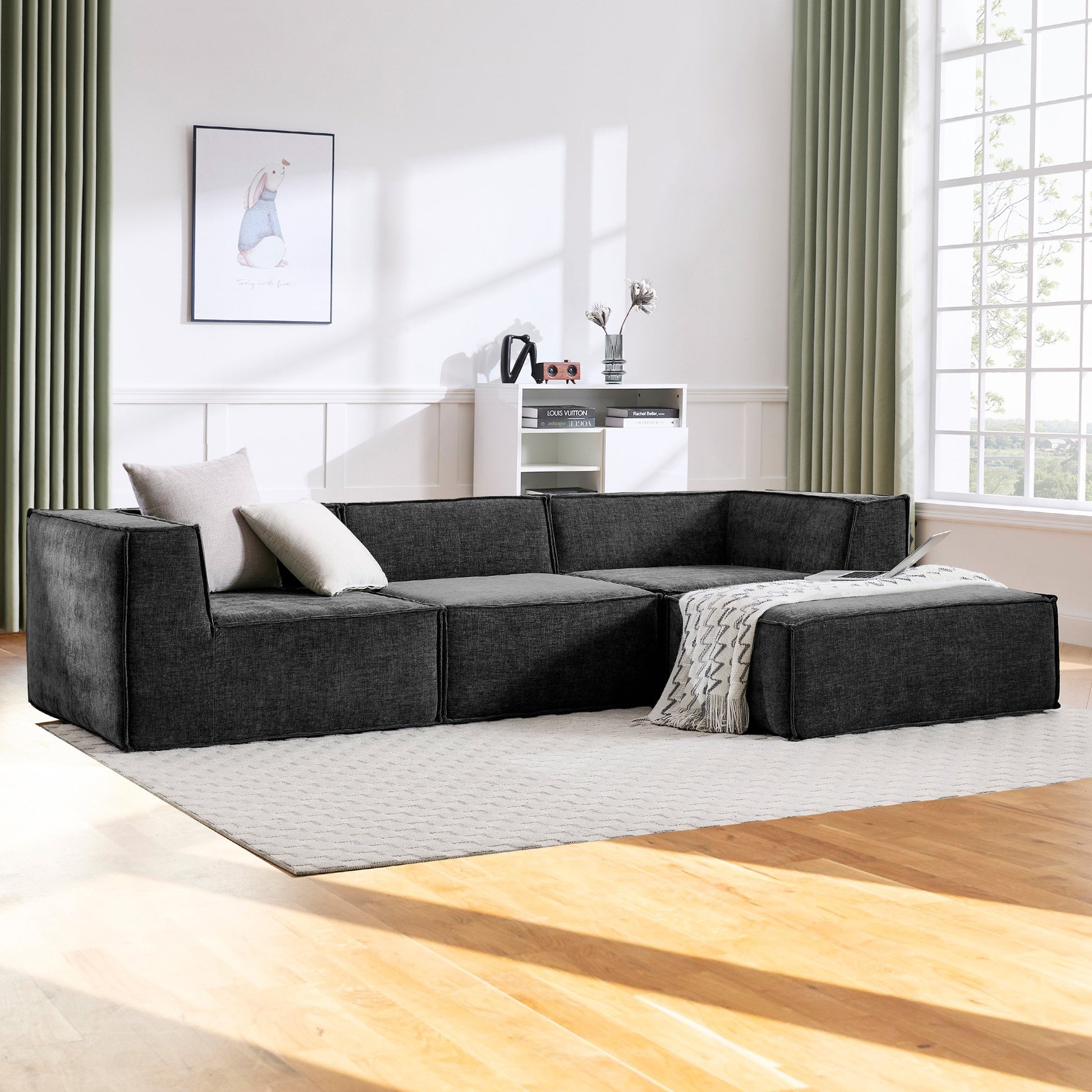 Sarantino Novi 3-Seater Modular Sofa with Ottoman in Black Non-Slip Bottom Lounge - Furniture > Sofas > Sofas & Sofa