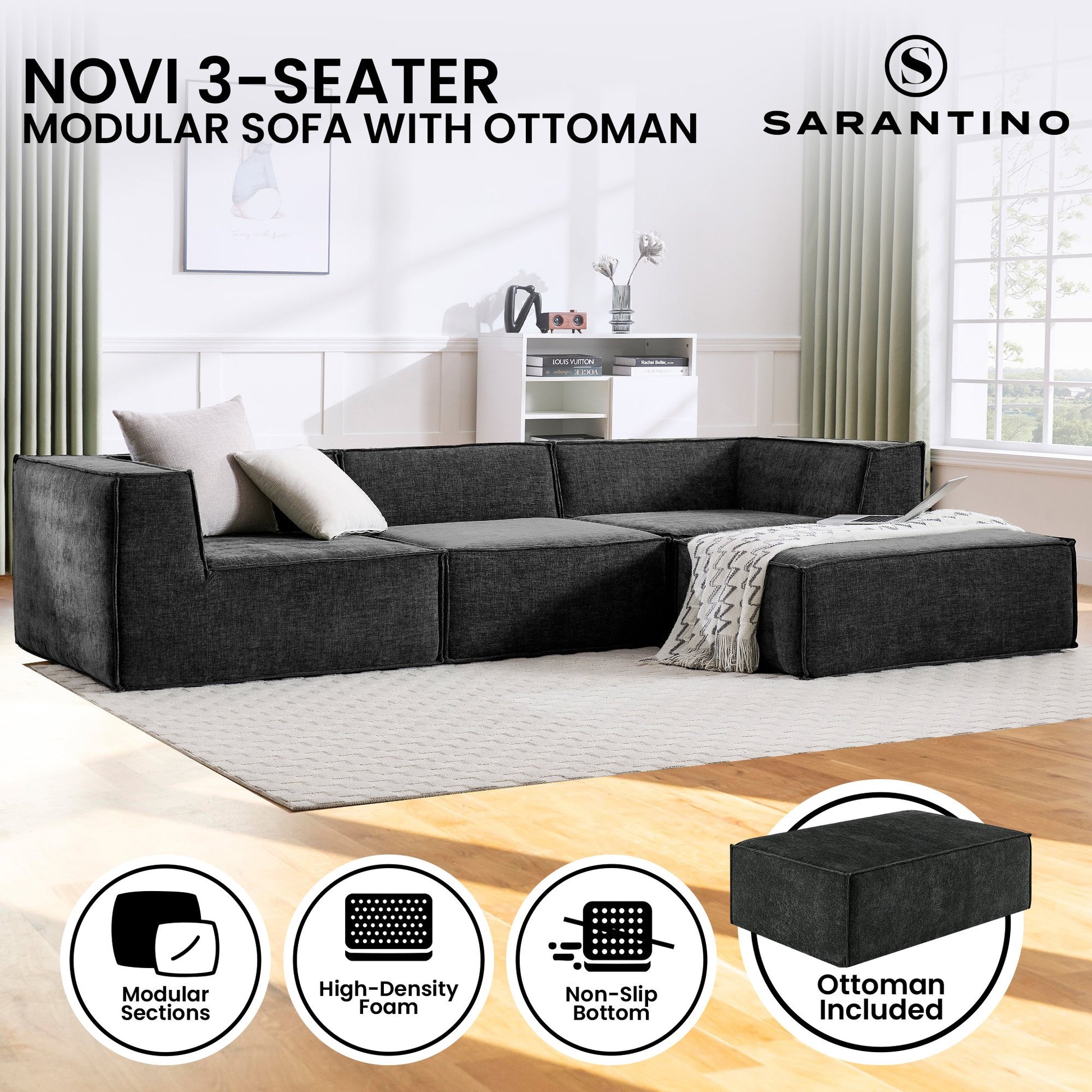 Sarantino Novi 3-Seater Modular Sofa with Ottoman in Black Non-Slip Bottom Lounge - Furniture > Sofas > Sofas & Sofa