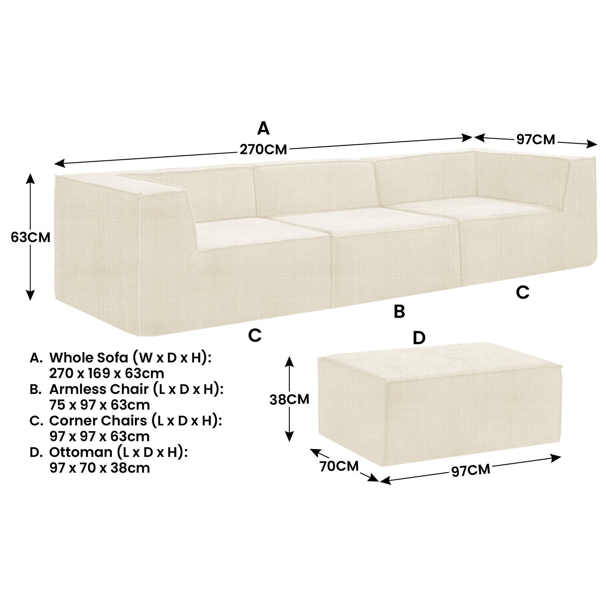 Sarantino Novi 3-Seater Modular Sofa with Ottoman in Cream Non-Slip Bottom Lounge - Furniture > Sofas > Sofas & Sofa