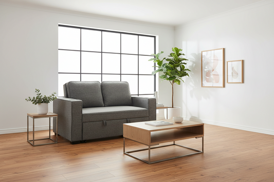 Hoffman Linen Dark Grey Convertible Sofa Bed Couch Lounge With Cushions Cupholders Scandinavian-style Wooden Frame And Legs