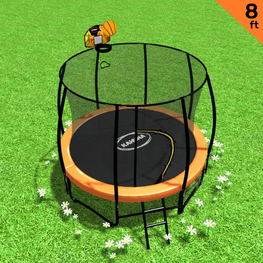 Kahuna 8ft Outdoor Orange Trampoline For Kids And Children Suited For Fitness Exercise Gymnastics With Safety Enclosure