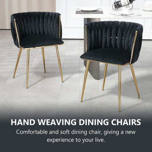 SERENITà Black Modern Hand Weaving Dining Chairs,Velvet Upholstered Side Chairs with Gold Legs, Chic Vanity Chairs with Armrest, Accent Chair for Dining Room, and Cafe Set of 2