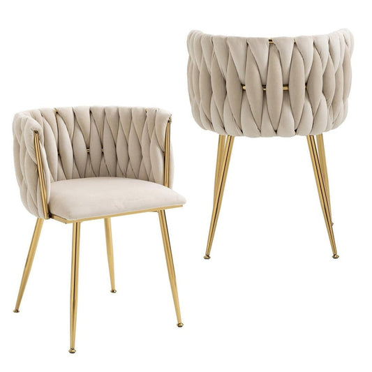 Ivory Modern Hand Weaving Dining Chairs,Velvet Upholstered Side Chairs with Gold Legs, Chic Vanity Chairs with Armrest, Accent Chair for Dining Room, and Cafe Set of 2